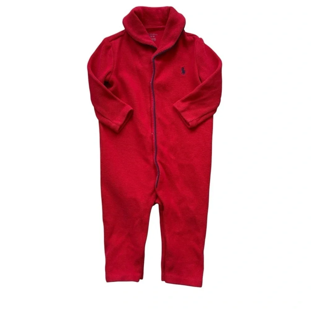 Ralph Lauren Unisex Baby 9M Coverall Red Snap Up Cozy Soft Comfy Embroidered